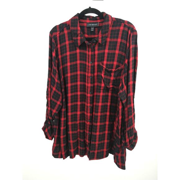 Lane Bryant Shirt Top Plus 22 24 Long Plaid Button Down Roll Christmas Red Black - Picture 1 of 7